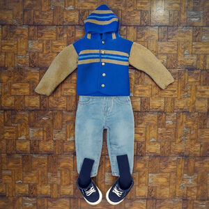 Vintage 60s 70 Kids Boys Girls Hooded Sweater Cardigan Handmade Blue Tan